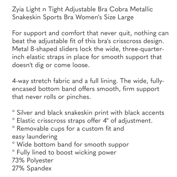 ZYIA Light n Tight Sports Bra, Metallic Cobra Snake Print X Back Straps, B&W, L - Picture 7 of 7